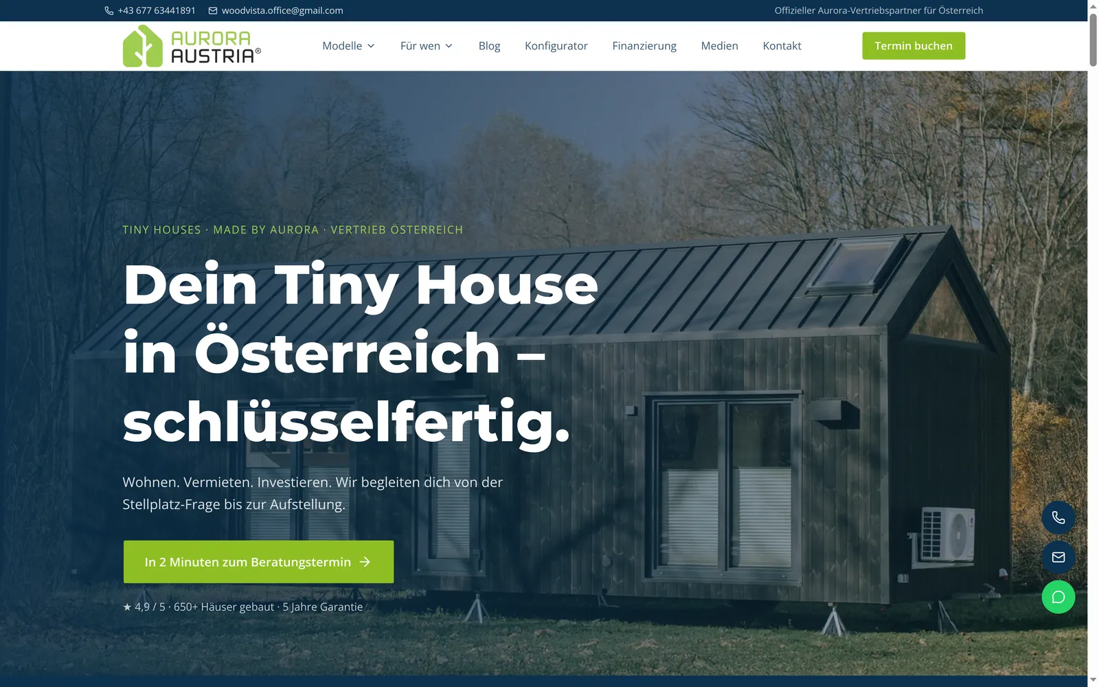 Screenshot Vertriebs-Website für Tiny Houses
